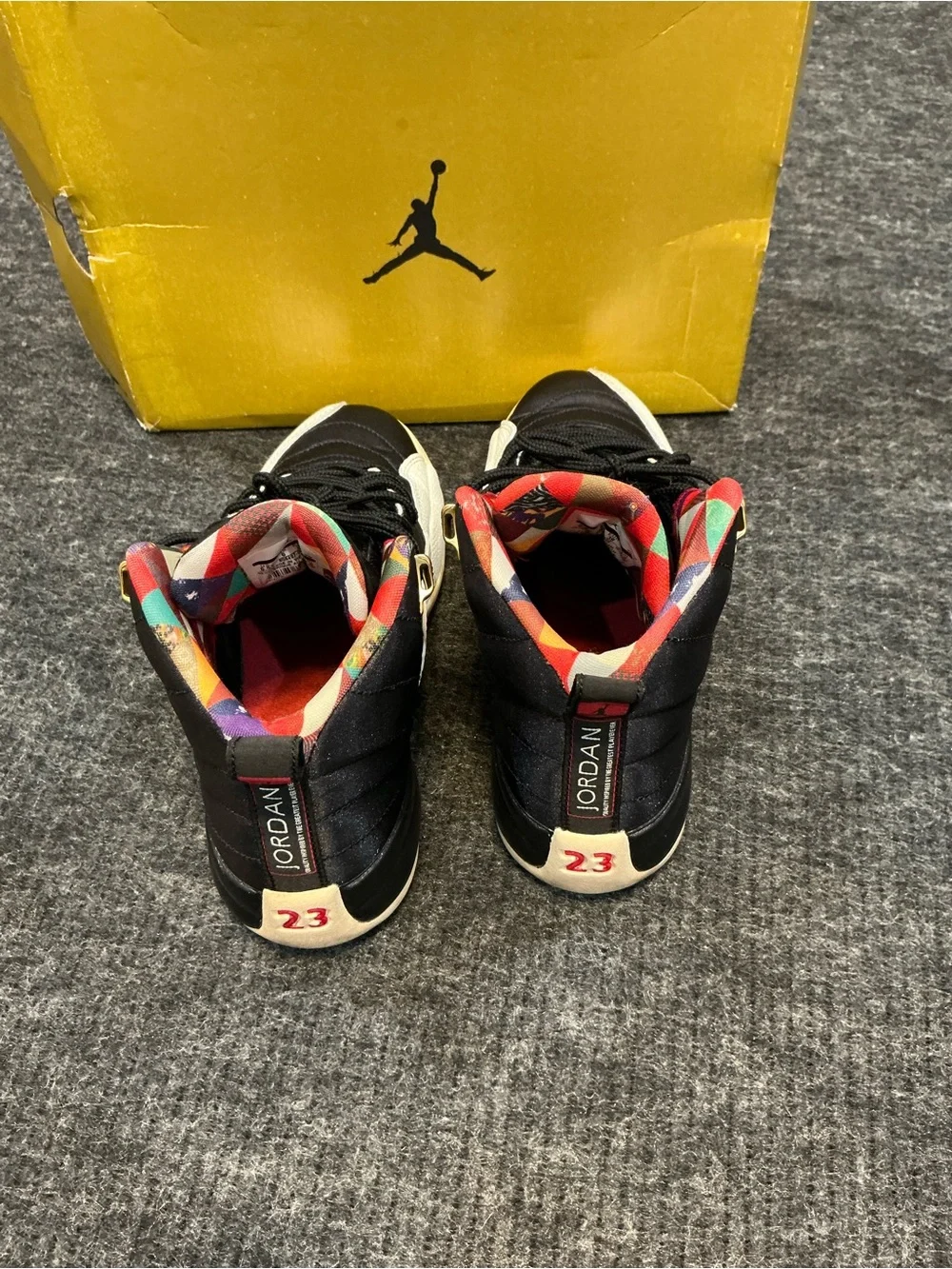 Jordan Youth Shoes with Red, Purple, Brown, Green & White Geometric Lining